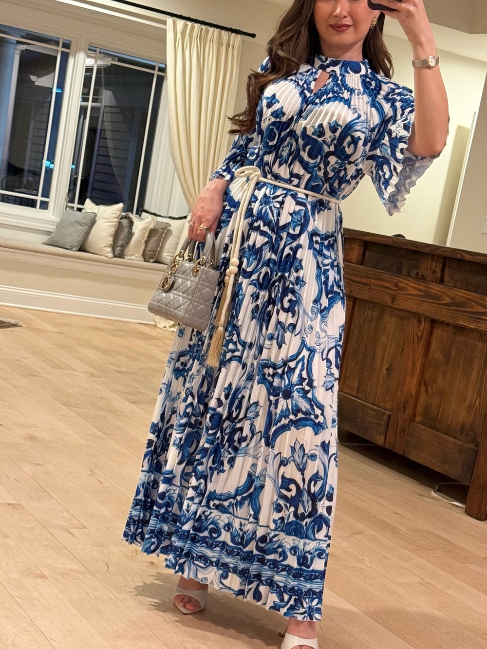 BLUE TILE ACCORDION PLEATED CUTOUT MAXI DRESS